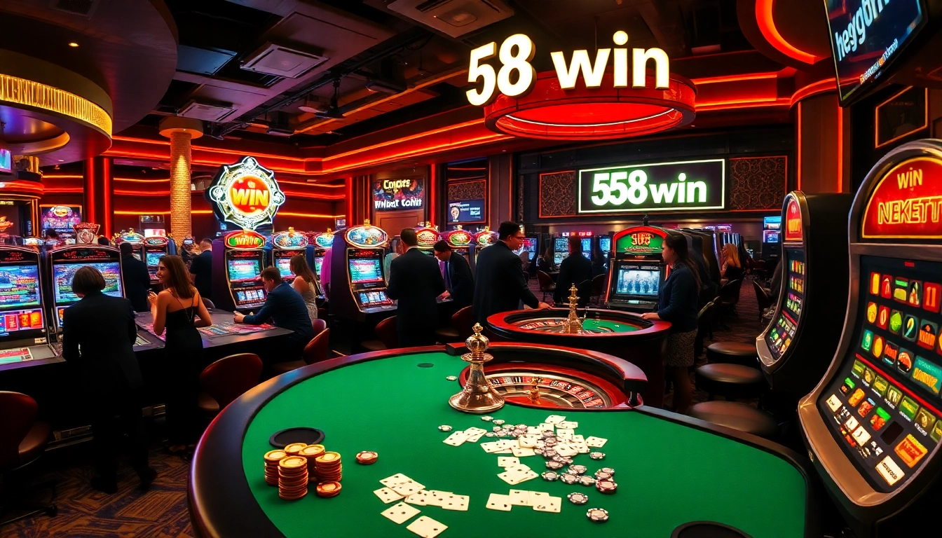 Experience the excitement of a vibrant casino with players seeking a 58 win at roulette tables beneath dazzling lights.
