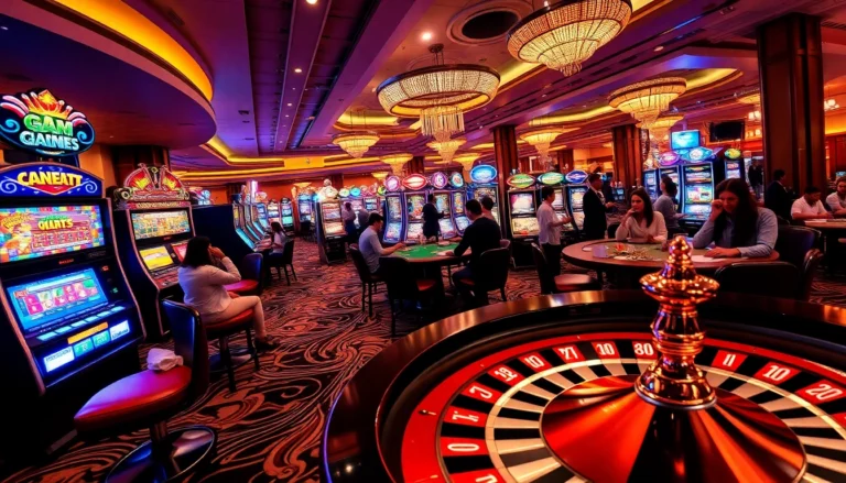 Exciting gaming atmosphere at cổng game Go8 showcasing players enjoying poker tables and vibrant slot machines.