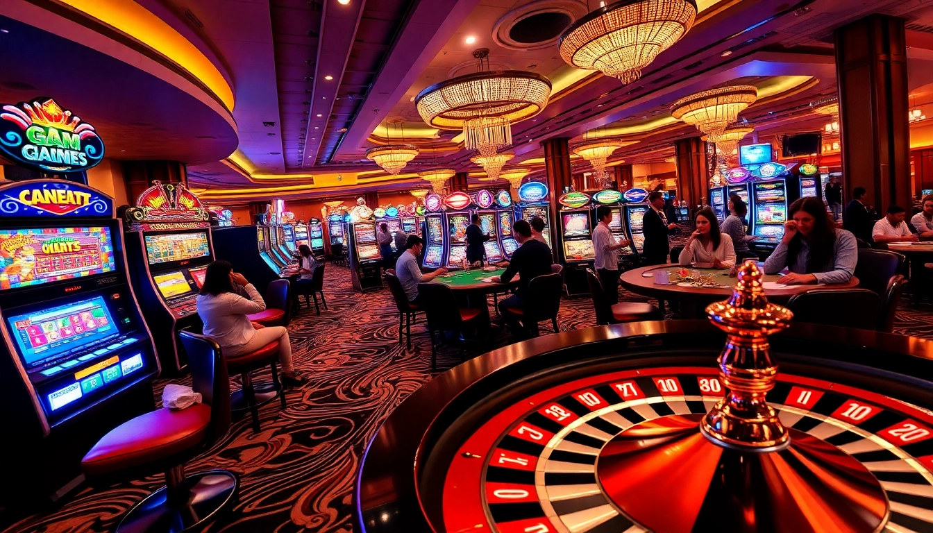 Exciting gaming atmosphere at cổng game Go8 showcasing players enjoying poker tables and vibrant slot machines.