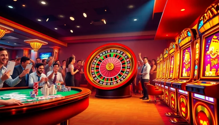 Exciting casino action at https://f8bet.net.in/ featuring a roulette wheel, players, and vibrant slot machines.