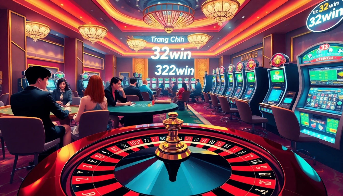 An engaging scene of players at a casino showcasing Trang Chủ 32win excitement with poker tables, roulette, and slot machines.