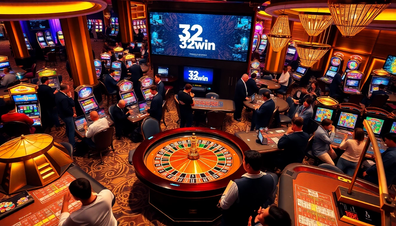 Experience the thrill of the 32win casino with players enjoying roulette and vibrant slot machines in a lively setting.