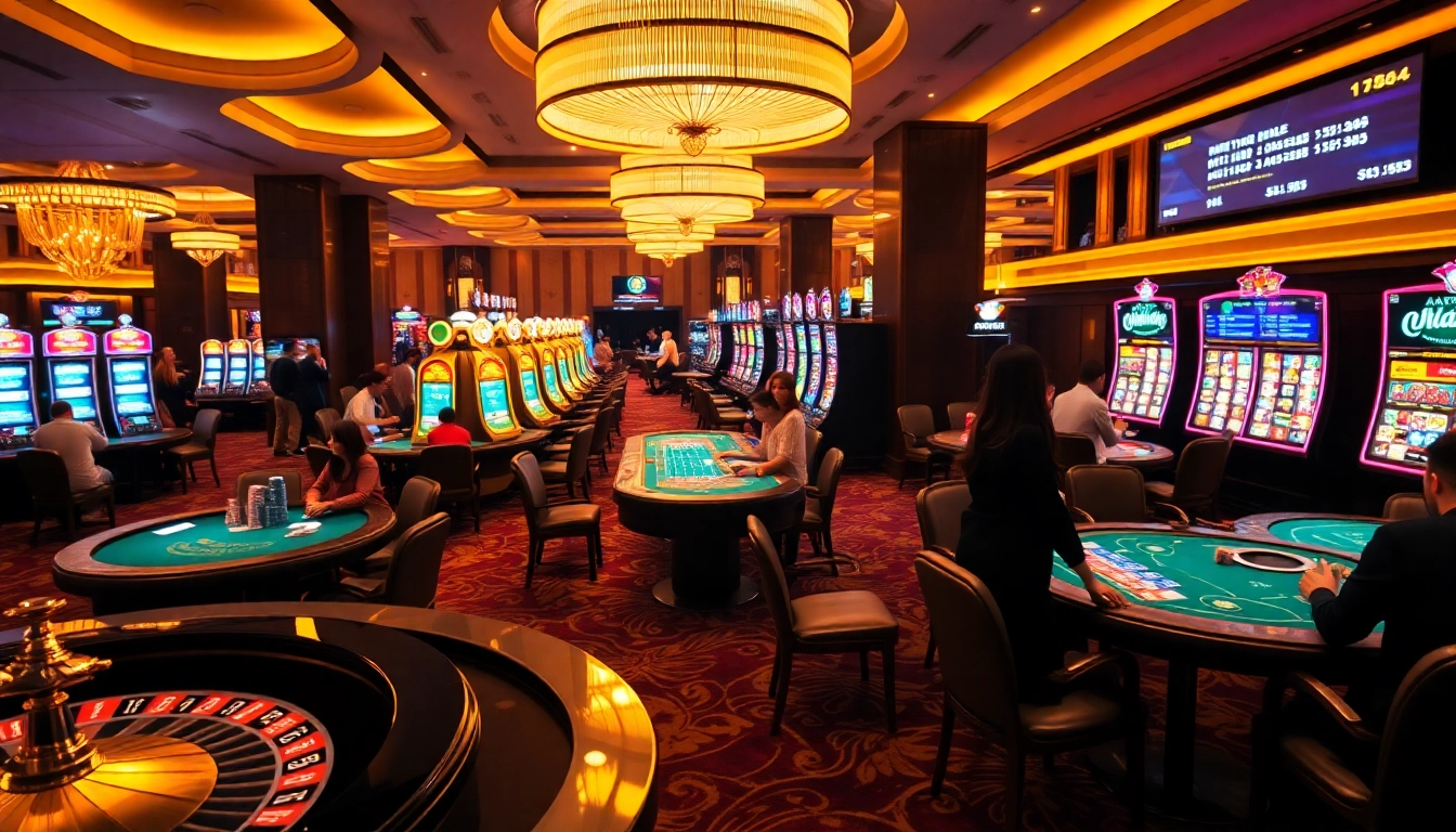 Players enjoying an exciting night at the casino tables at https://okwin88.co/, filled with poker chips and roulette wheels.